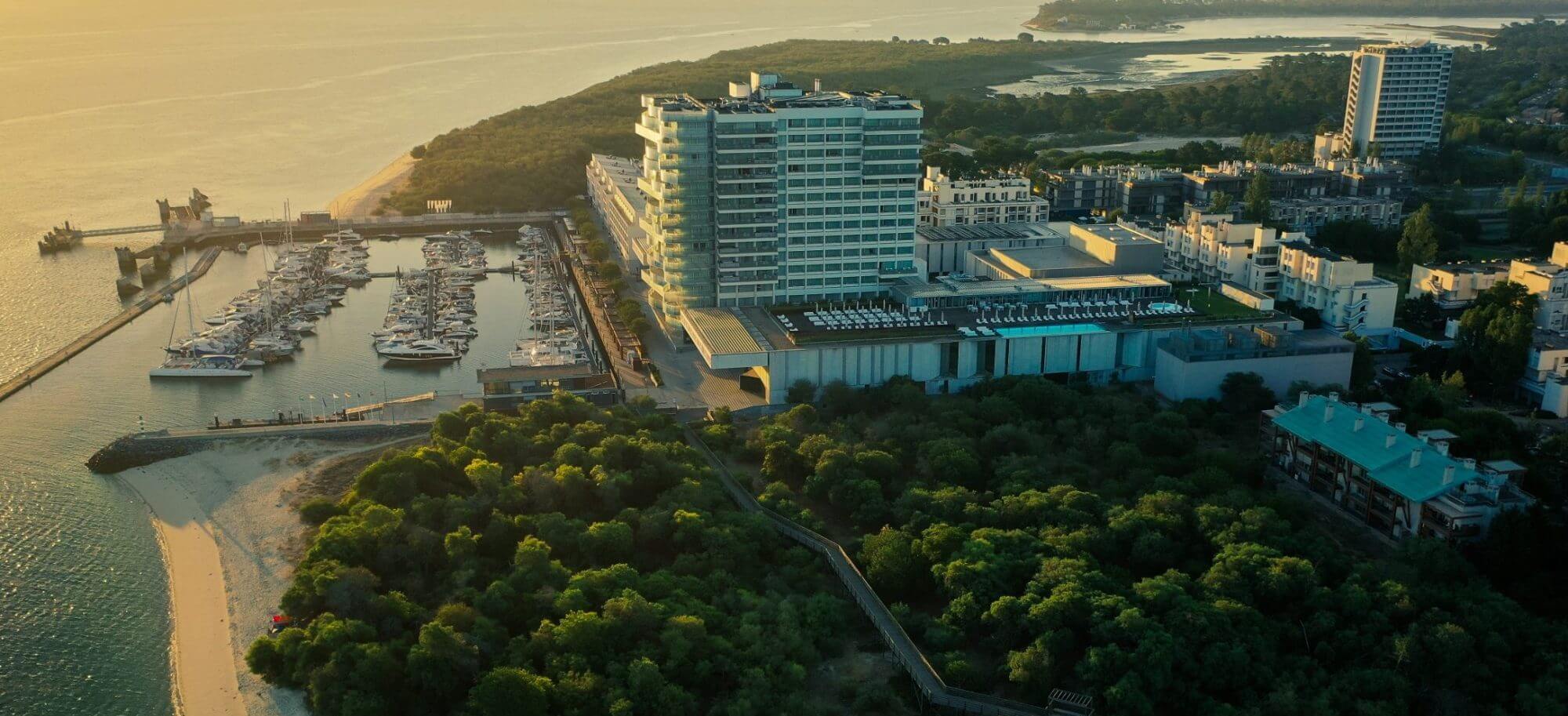 Aerial view of Troia Island and luxury resort with stunning sunrise