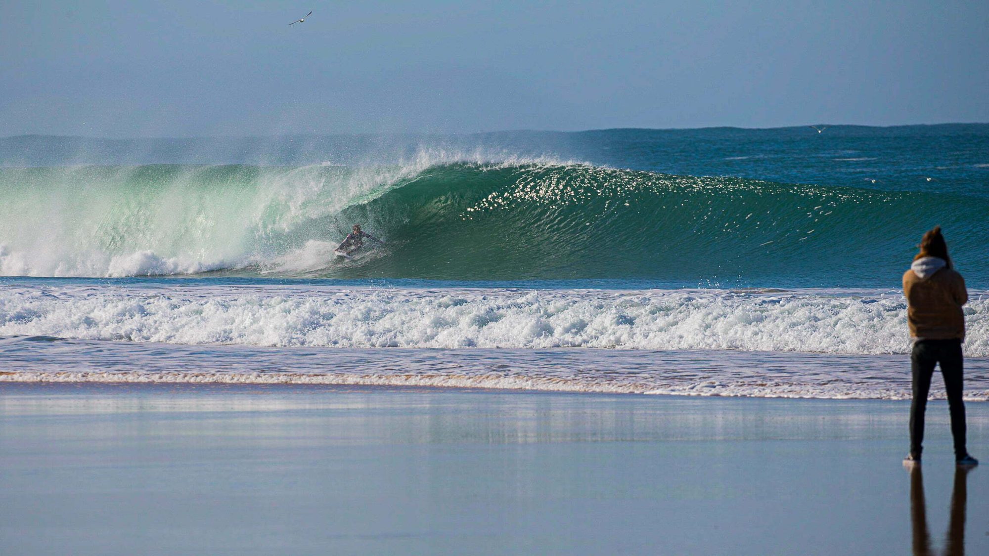 Surfer riding inside a hollow wave during the golden hour in Peniche